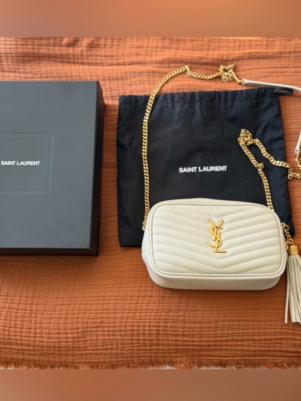 Saint Laurent Cream Quilted Camera Crossbody with Gold Chain